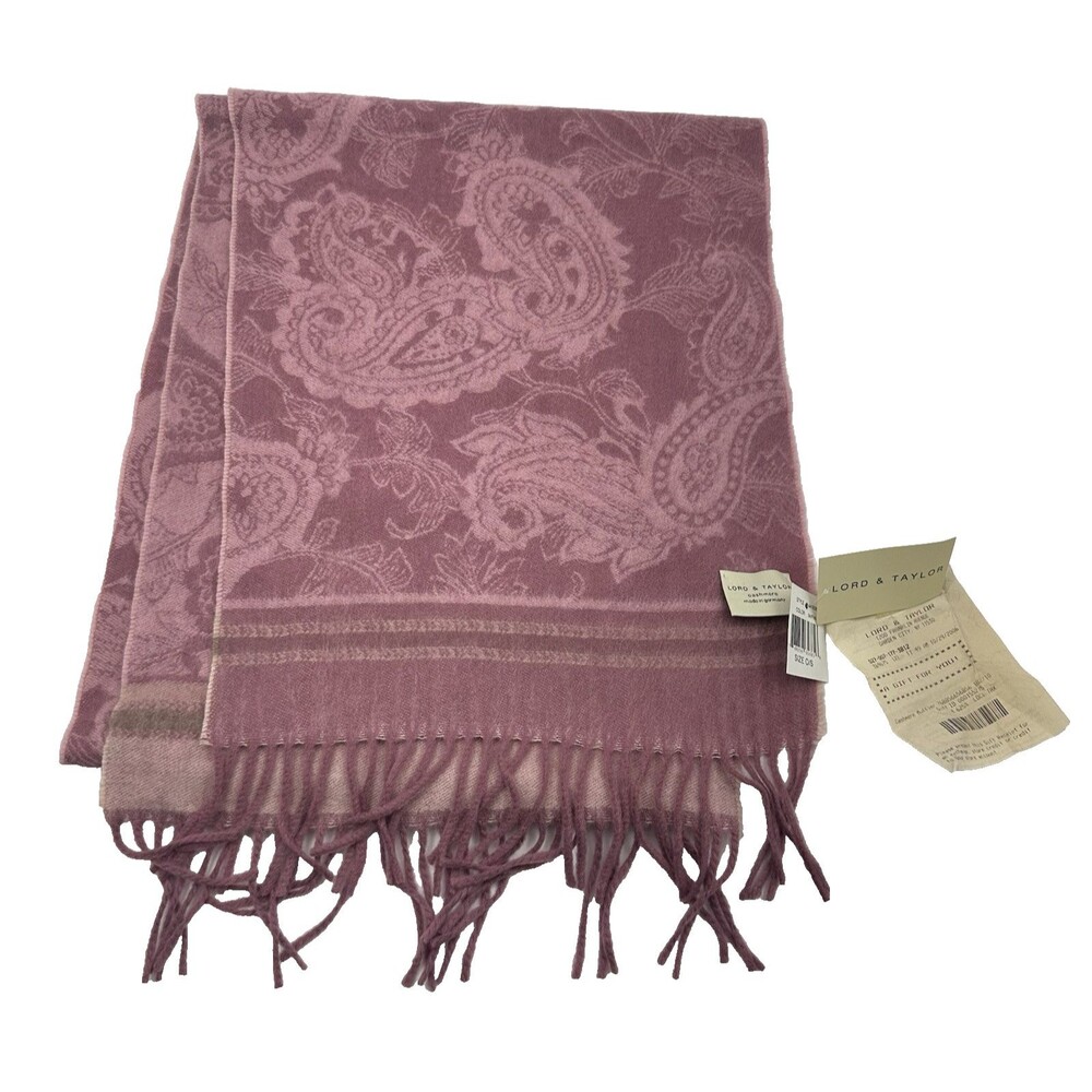 VTG Lord & Taylor 100% Cashmere Scarf Pink Paisley Fringes 67" X 12" Germany NWT